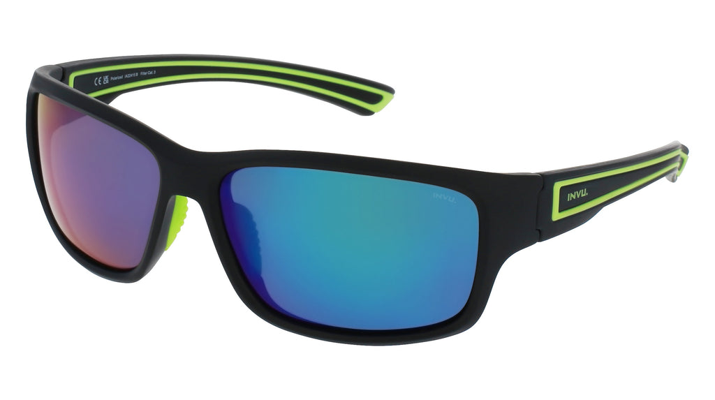 INVU Ultra Polarised Sunglasses  -  IA22415B Matt Black/Lime w/  Mirror Green on Green