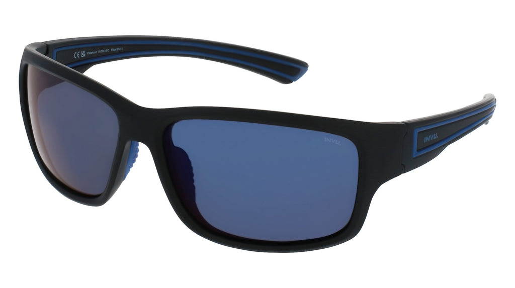 INVU Ultra Polarised Sunglasses  -  IA22415C Matt Black/Rubb. Blue w/  Mirror Icy Blue on Smoke